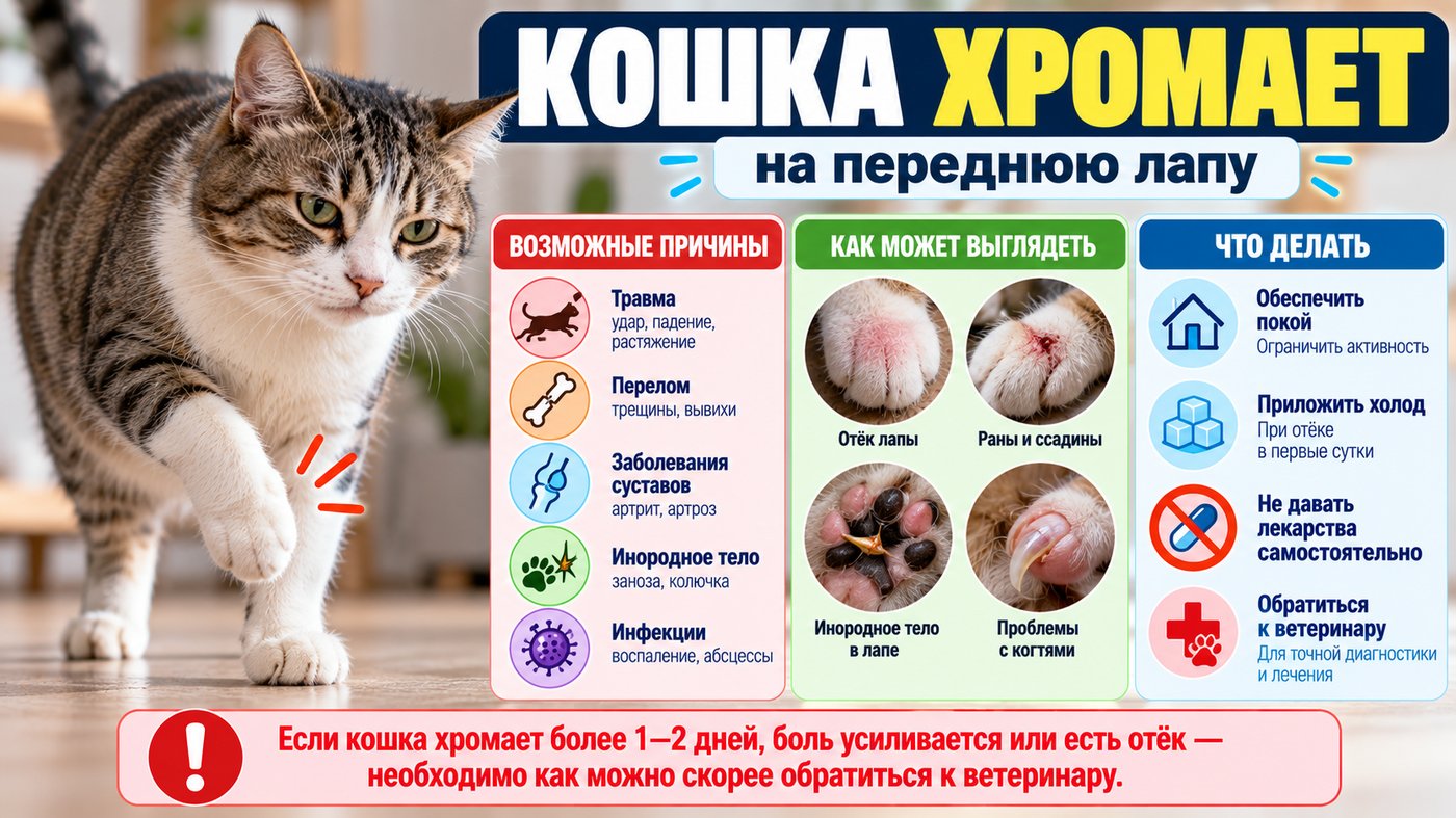 Кошка хромает на переднюю лапу — пять причин и осмотр дома